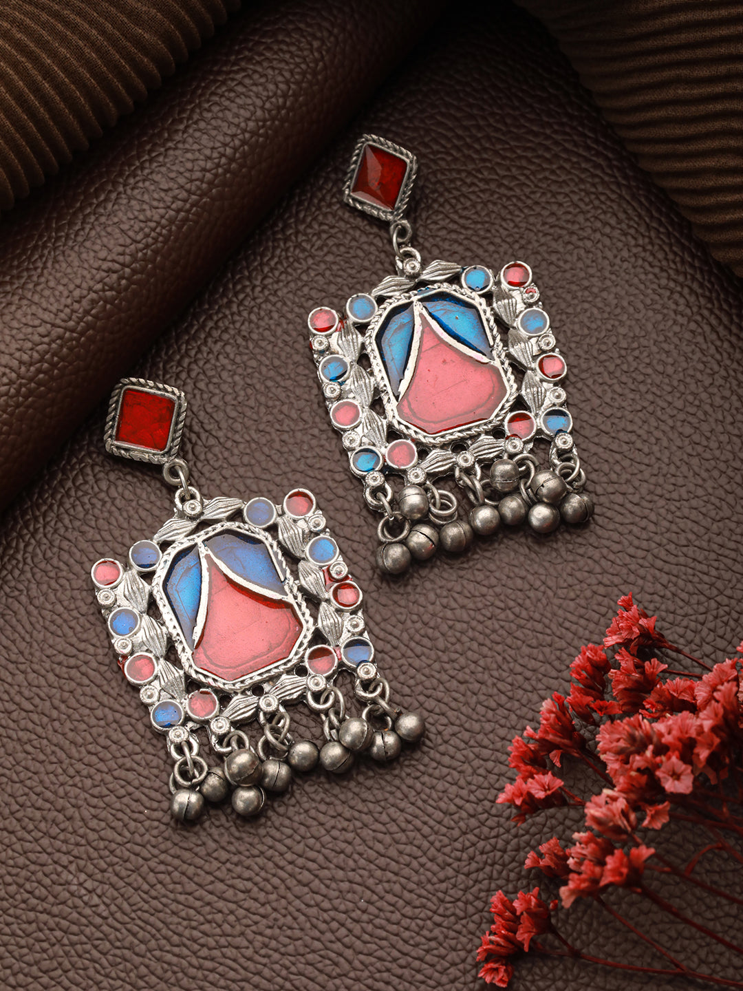 Silver-Toned Red & Blue Square Shaped Enameled Drop Earrings
