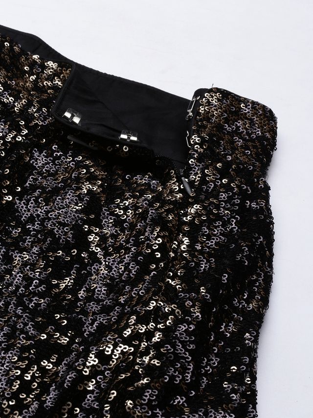 Bollywood Vogue Ready To Wear Black Sequins Embroidered Crop Top N Skirt