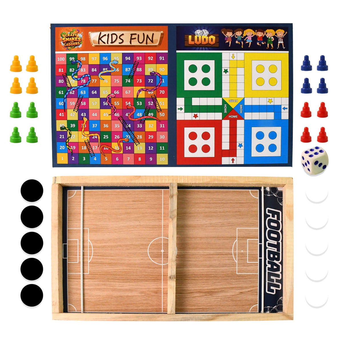 Wooden Board Game Set Ludo,Snakes & Ladders And Desktop Football (3-in-1) HP DD