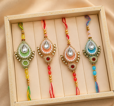 Designer Pearl Rakhi for Brother | Beaded Stone Work Raksha Bandhan Rakhi - Set of 2 (Multi colour)