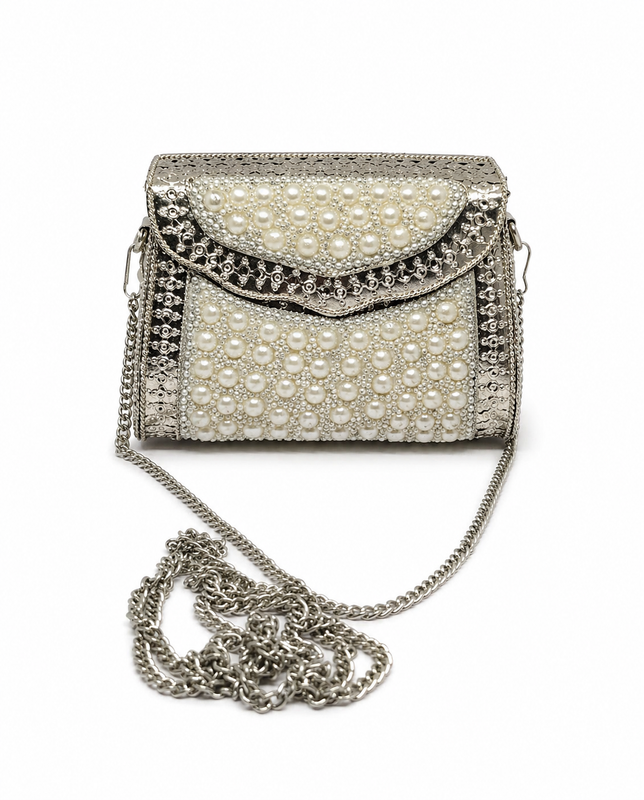 Buddy Cares Metal Bag for Women, Silver Pearl Embellished Clutch Purse with Chain Strap – Rectangular – Buddy Cares