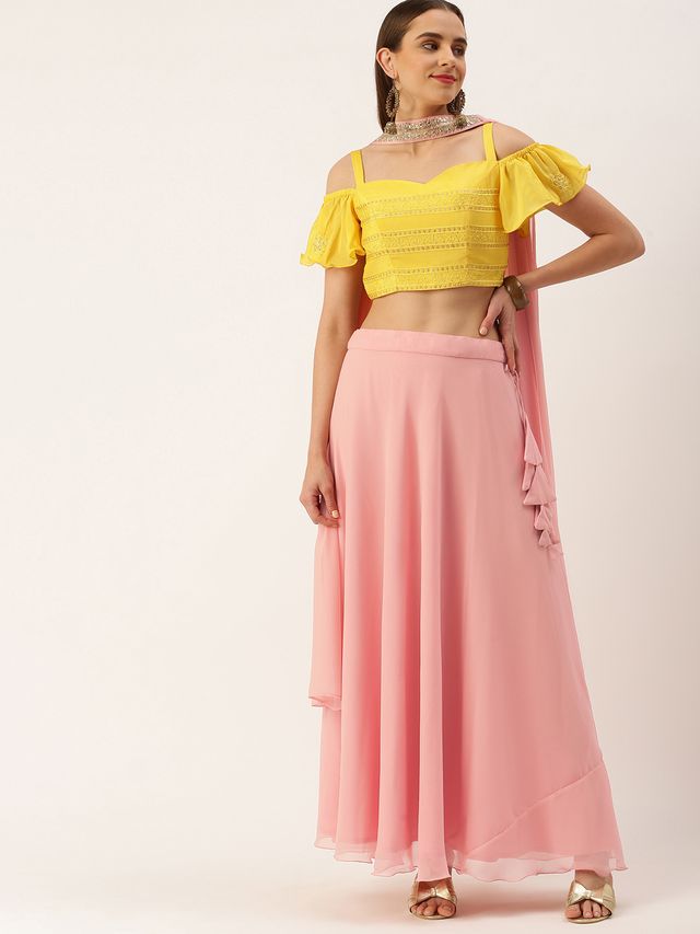 Bollywood Vogue Ready To Wear Pink N Yellow Embroidered Lehenga Set