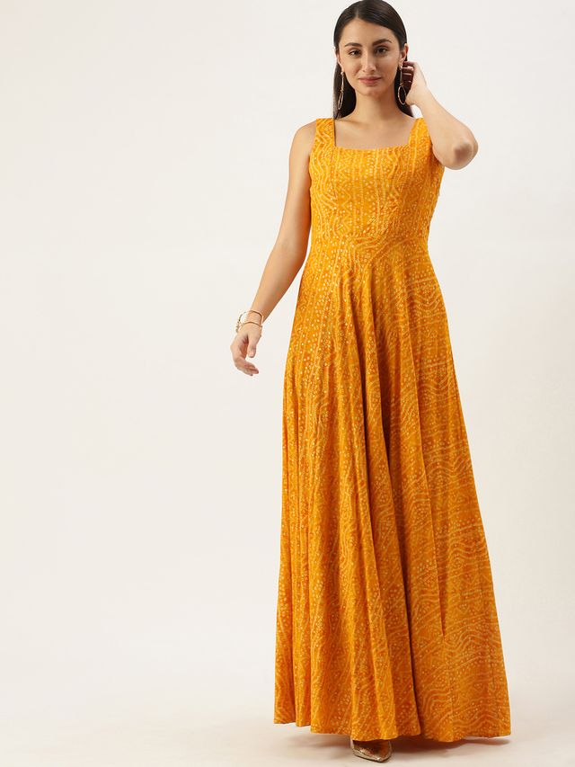 Bollywood Vogue Ready To Wear Yellow Printed Strap Neck Dress