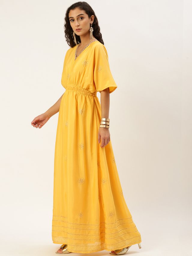 Bollywood Vogue Ready To Wear Yellow Chinon Kaftan Dress