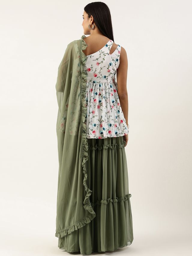 Bollywood Vogue Ready To Wear White Embroidered N Green Georgette Salwar Set