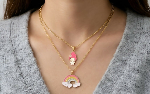Set of 2 Cute Rainbow & Bunny Pendant Necklaces – Gold-Plated Cartoon Jewelry