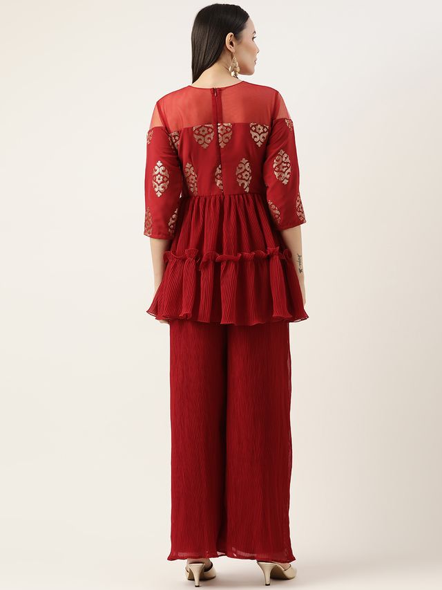 Bollywood Vogue Ready To Wear Maroon Georgette Sequins Wide Leg Pant Set