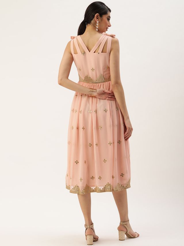 Bollywood Vogue Ready To Wear Mauve Embroidered Strap Neck Dress