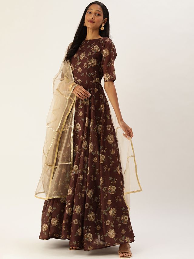 Bollywood Vogue Ready To Wear Maroon Chanderi Floor Length Anarkali Suit