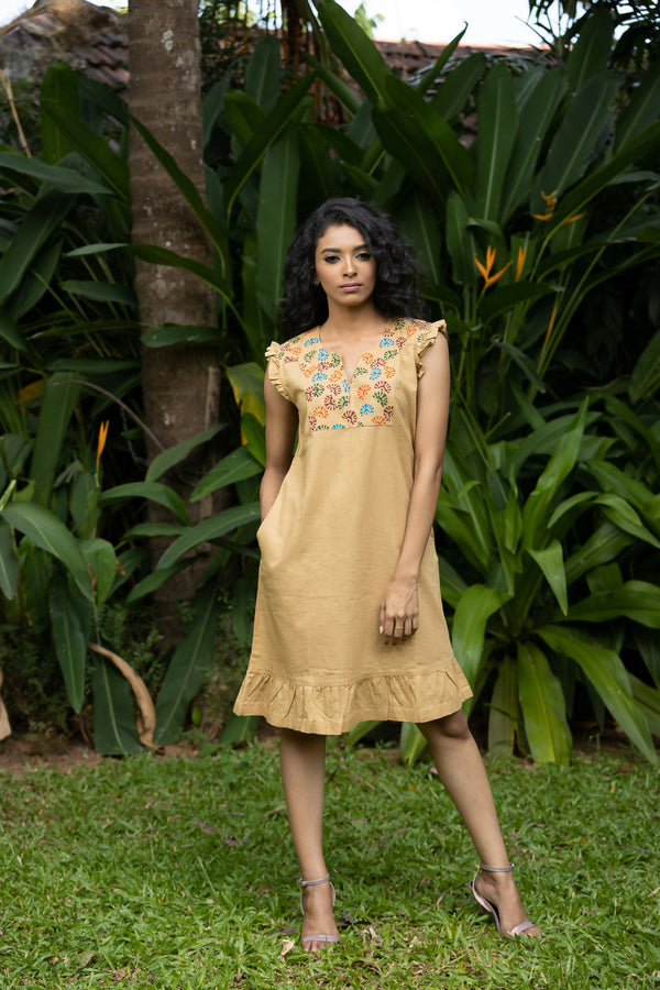 Belle Colourful Printed Cotton Linen Knee Length Dress With Frilled Sleeves And Pleated Hem Studio Sienna