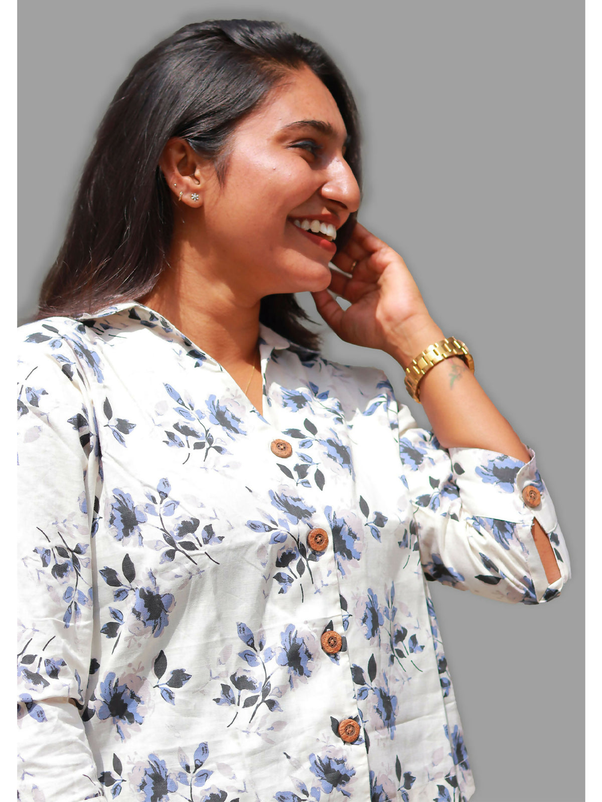 White & Blue Floral Printed Boxy Fit Shirt | 100% Sustainable Cotton-Viscose Blend