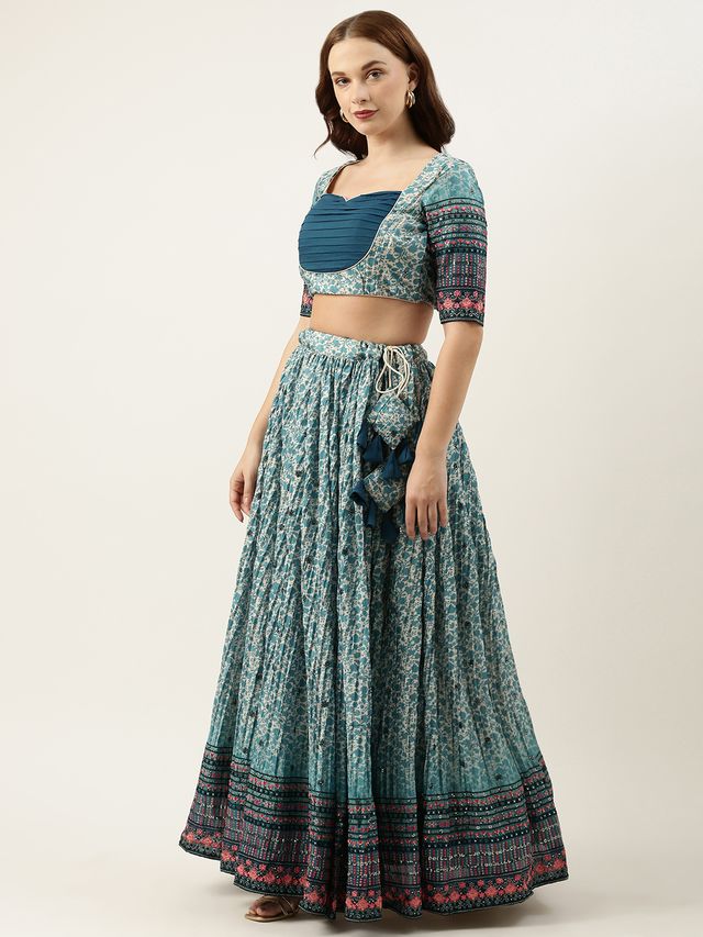 Bollywood Vogue Ready To Wear Cream N Blue Chinon Embroidered Lehenga