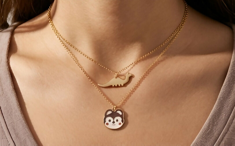 Set of 2 Dinosaur & Bear Pendant Necklaces – Gold-Plated Cute Charm Jewelry
