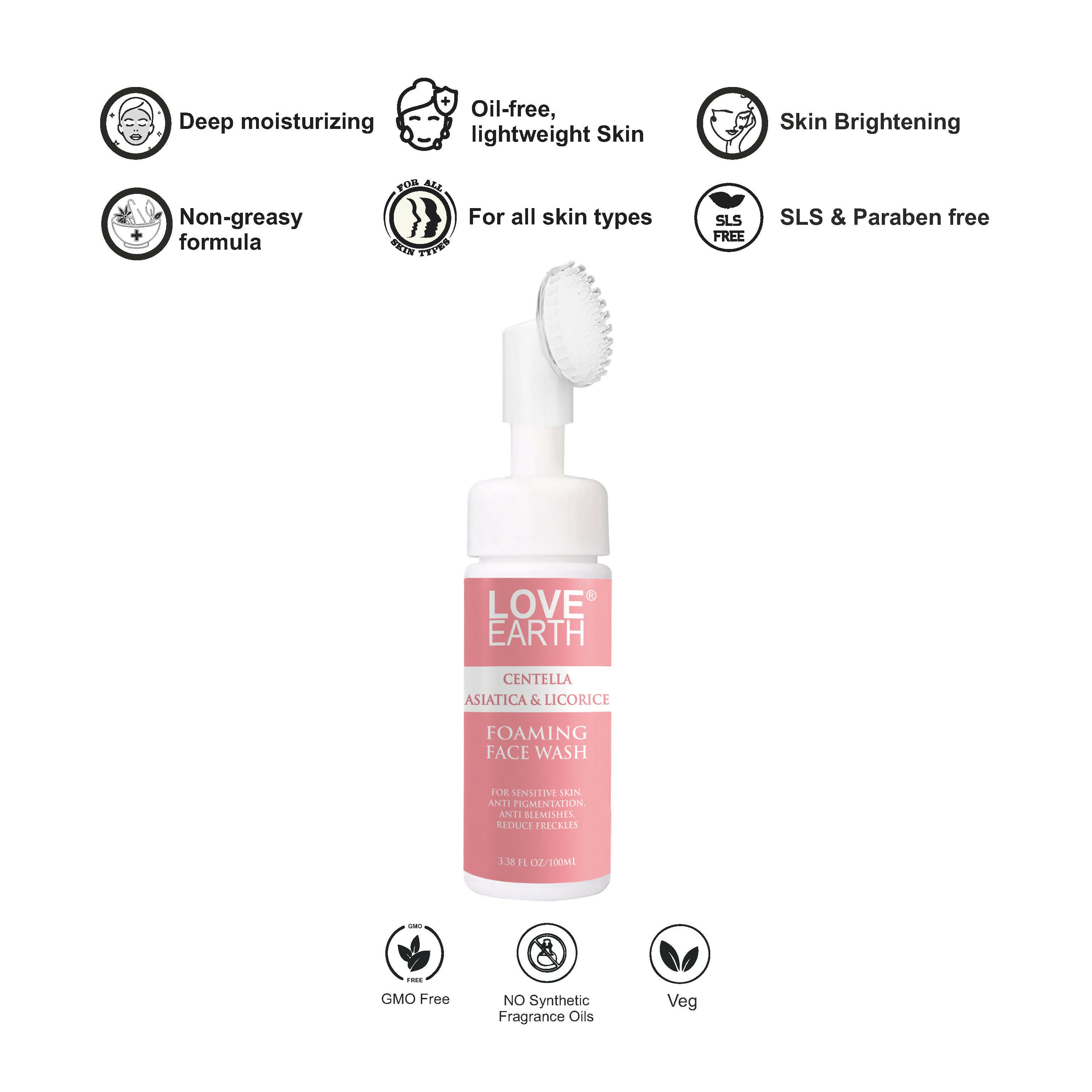Love Earth Centella Asiatica & Licorice Foaming Face Wash For Sensitive Skin,Anti Pigmentation,Anti Blemishes,Reduce Freckles 100Ml