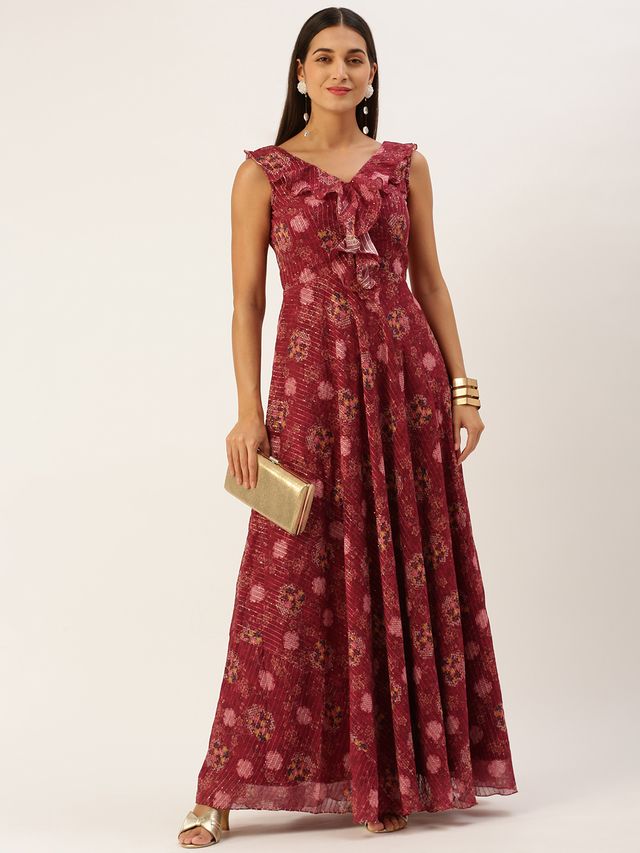 Bollywood Vogue Ready To Wear Wine Georgette Digital Print V Neck Gown