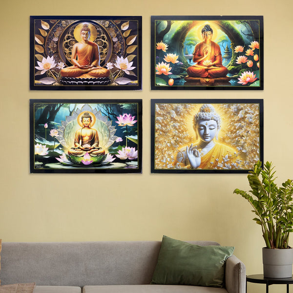 Decorative Lord Buddha Wall Painting With Wooden Frame Mix Design 45x30 Cm Approx (1 Pc) HP DD