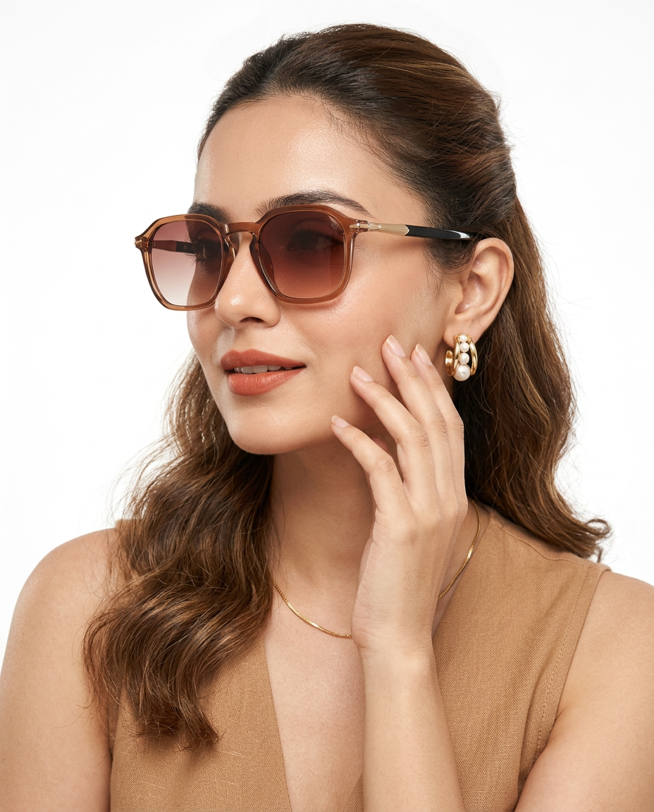 Eyejack Transparent Brown Square Sunglasses for Men and Women - worn by a male model (image 3)