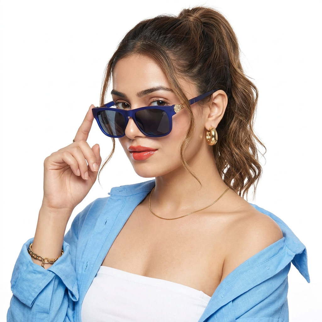 Eyejack Blue Wayfarer Sunglasses for Men and Women - Style 1036 - worn by a male model (image 3)