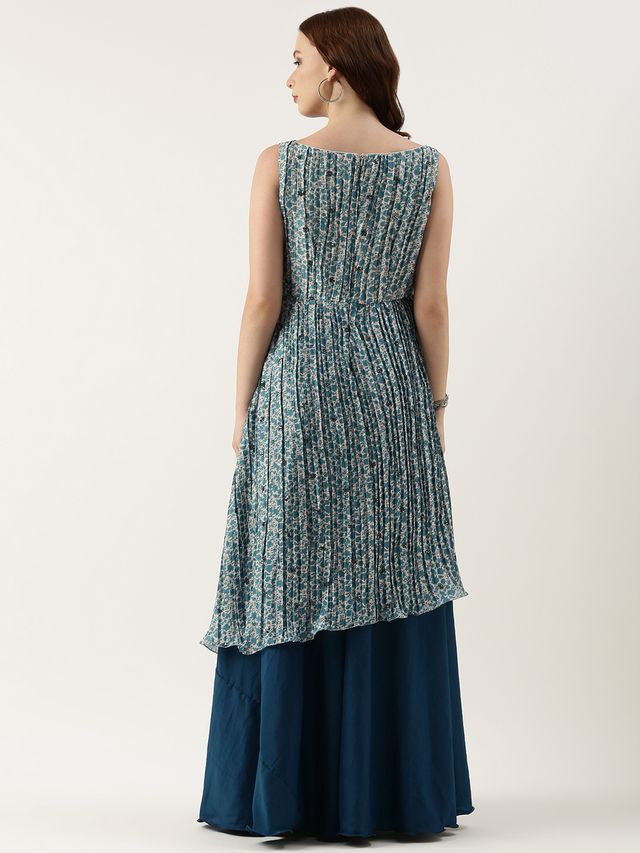 Bollywood Vogue Ready To Wear Cream N Blue Chinon Printed Maxi Dress