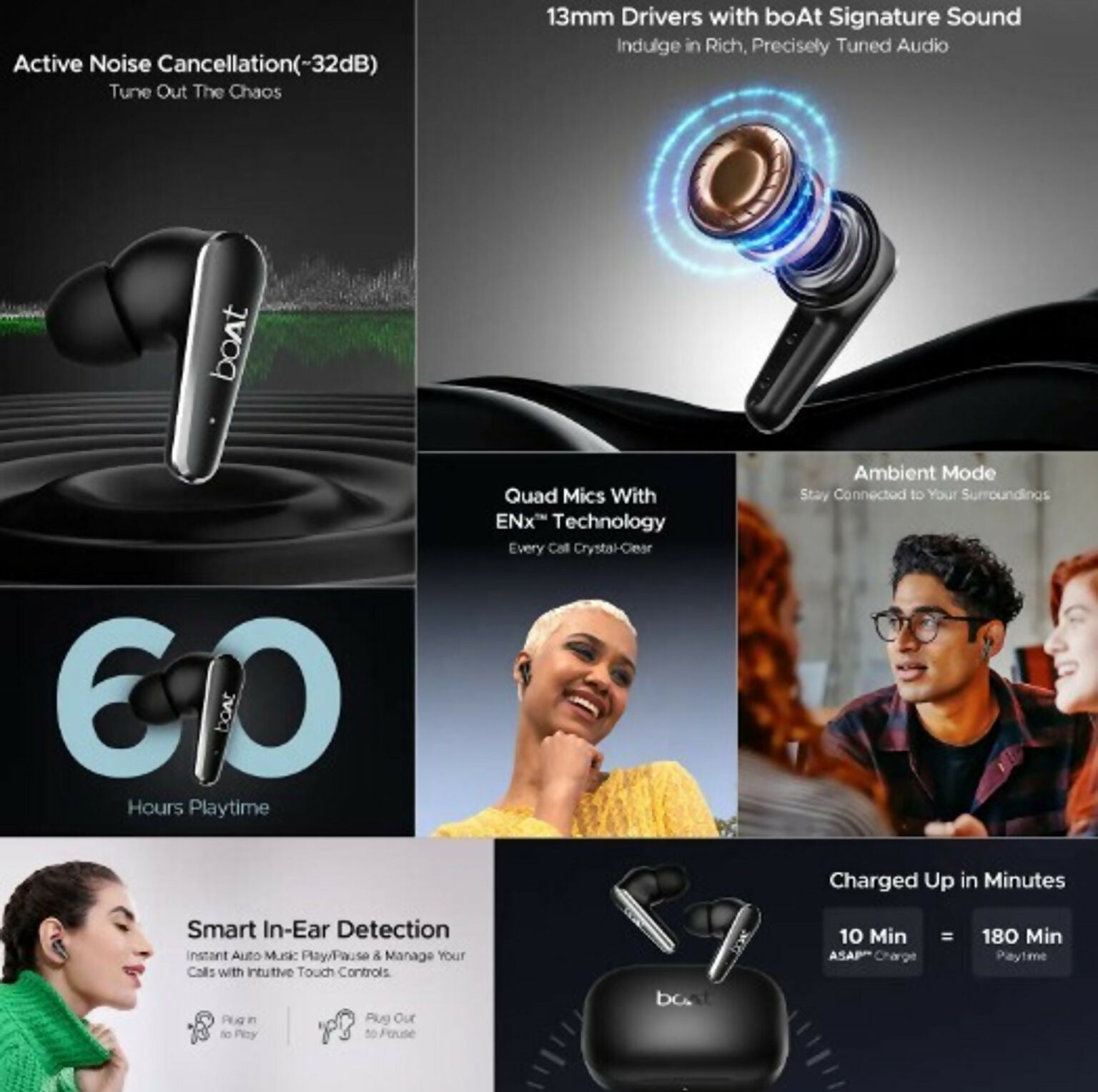 boAt Airdopes 280 ANC True Wireless Earbuds with 32dB ANC, 60 Hours Playback, Quad Mics ENx™, 13mm Drivers & Bluetooth v5.3 (Active Black)