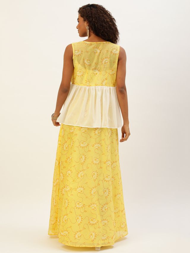 Bollywood Vogue Ready To Wear Off White N Yellow Foil Printed Gown