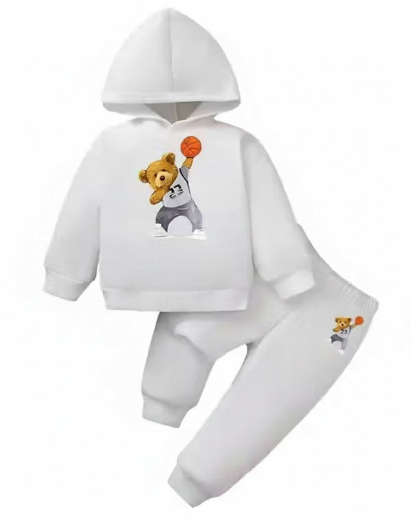 Kids Basketball Teddy Bear Printed White Cotton Blend Hoodie & Jogger Set Luck Fashion