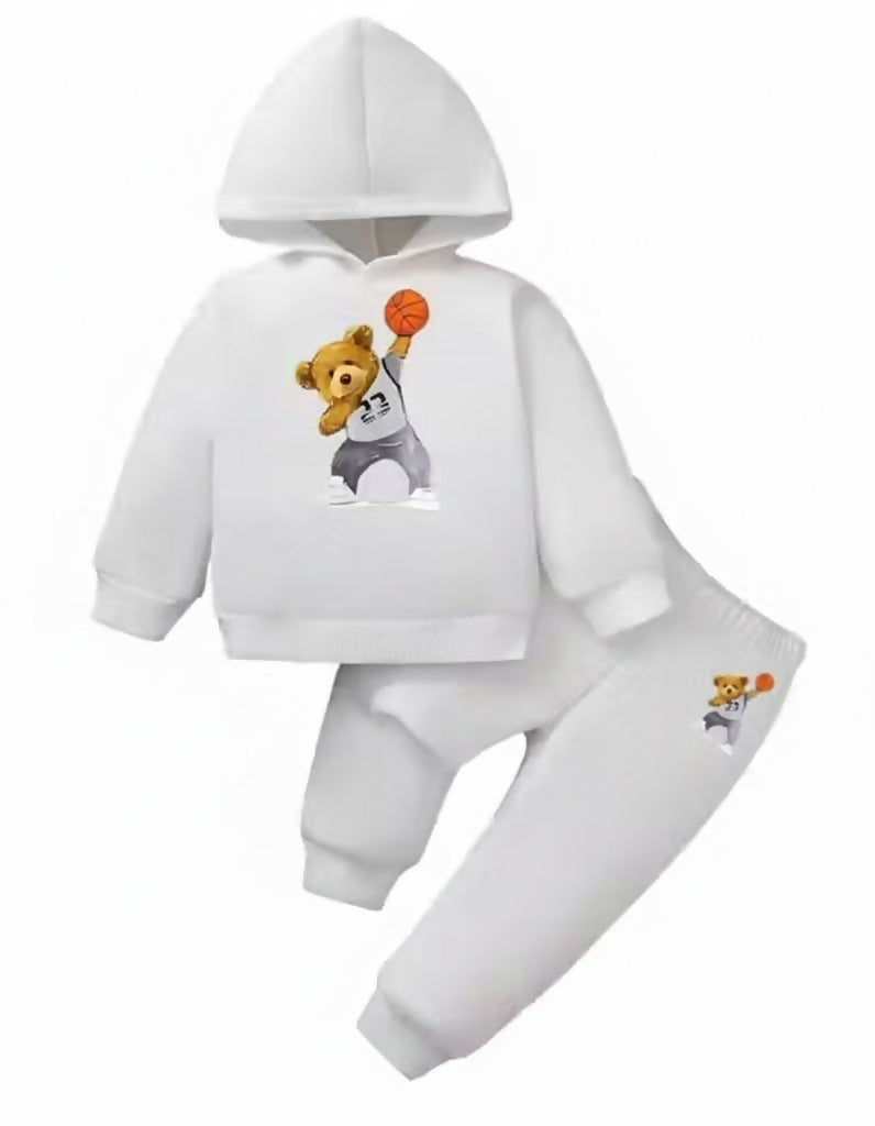 Kids Basketball Teddy Bear Printed White Cotton Blend Hoodie & Jogger Set Luck Fashion