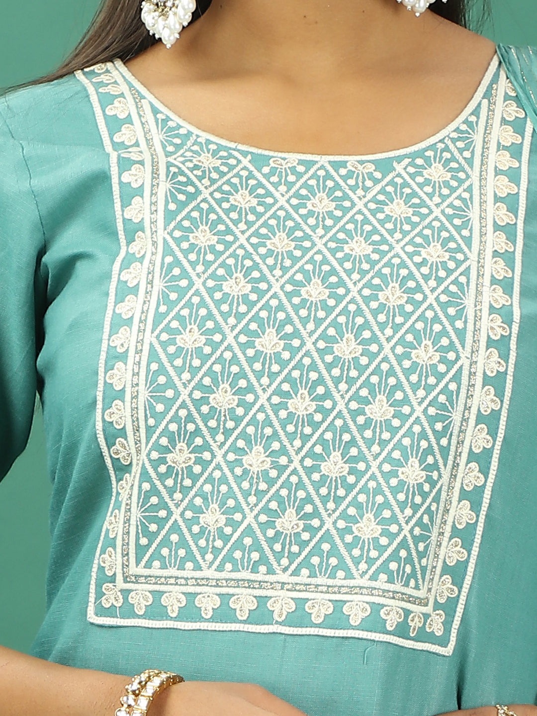 Bollywood Vogue Ready To Wear Green Rayon Embroidered Palazzo Suit - Additional View 1