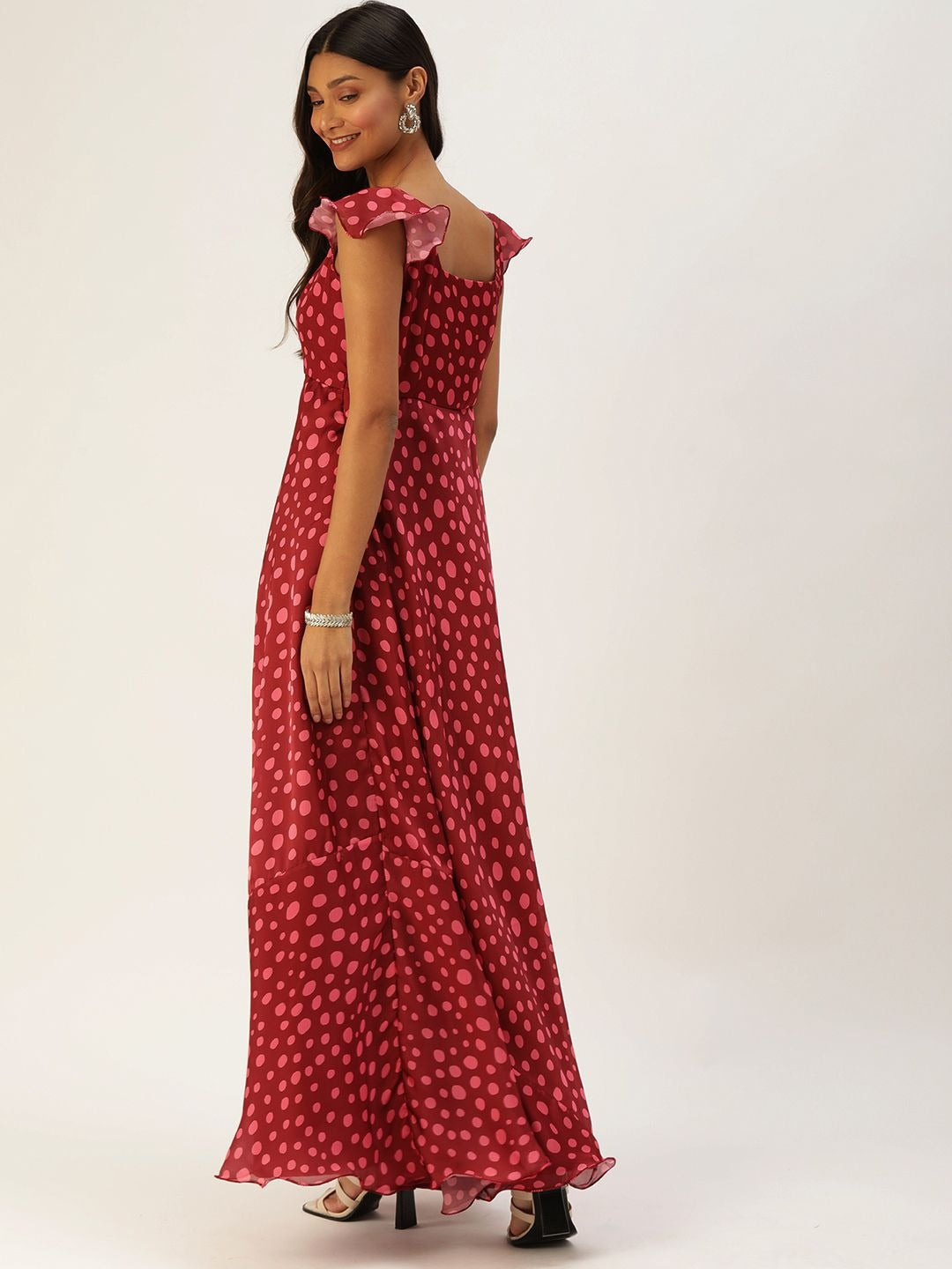 Bollywood Vogue Ready To Wear Maroon Satin Printed Bell Sleeve Gown - Back View