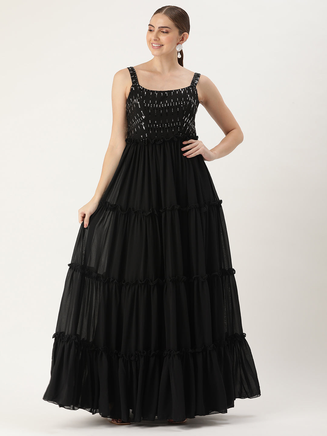 Bollywood Vogue Ready To Wear Black Georgette Sequins Gown - Detail View