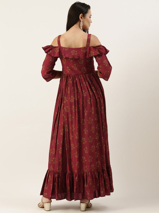 Bollywood Vogue Ready To Wear Maroon Rayon Printed Strap Neckline Dress - Back View