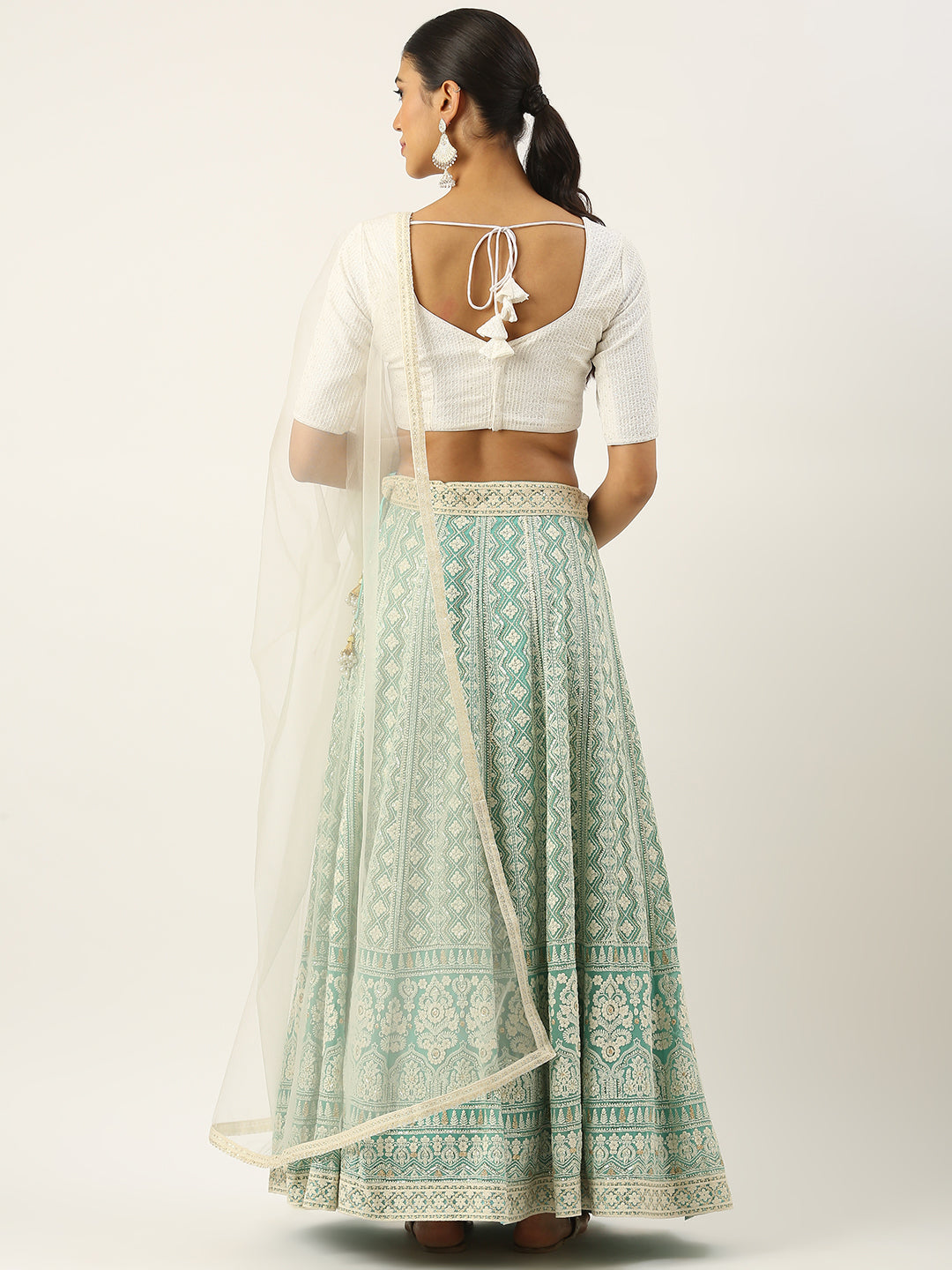 Bollywood Vogue Ready To Wear Off White N Green Embroidered Georgette Lehenga Se - Back View