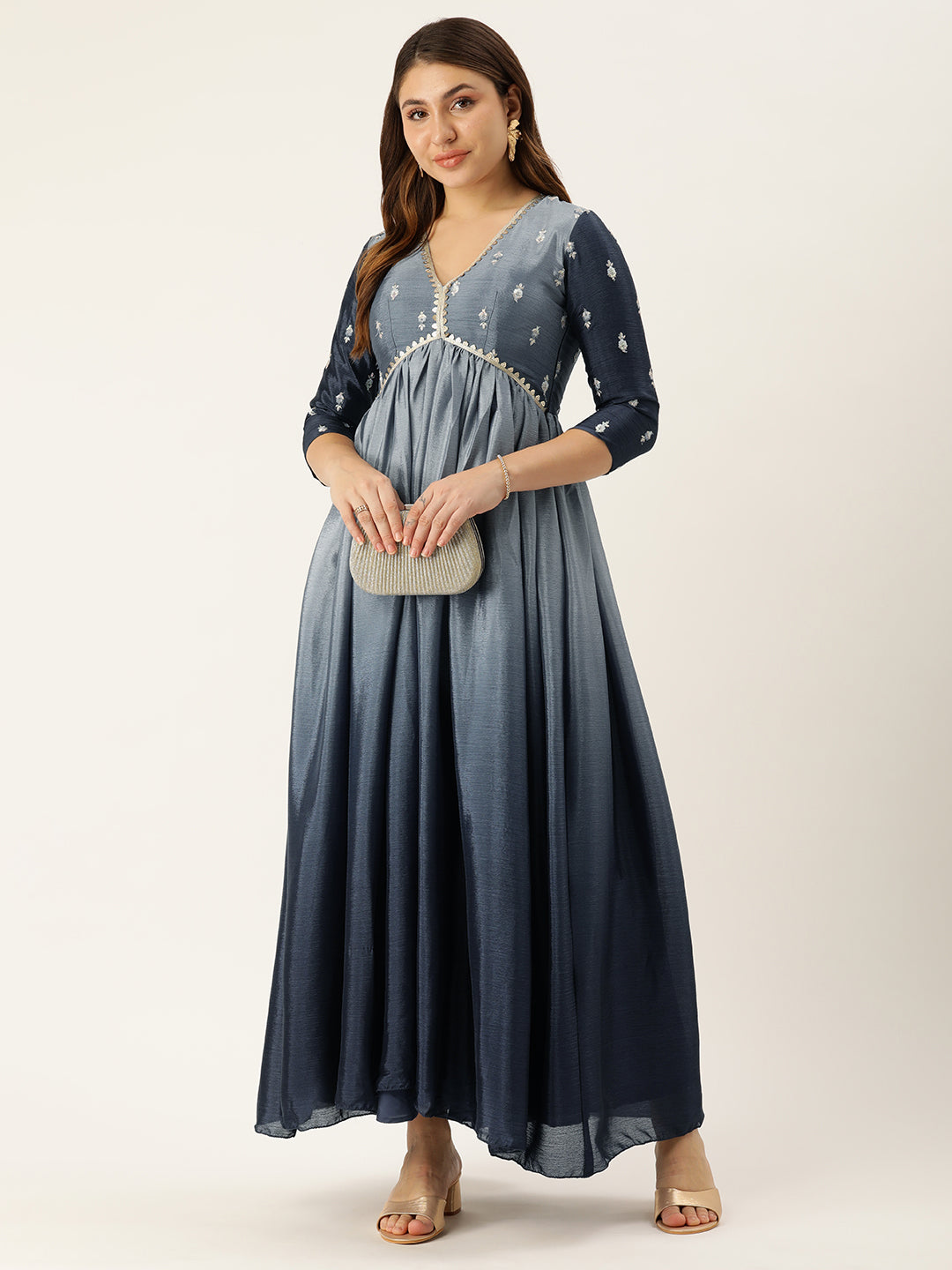 Bollywood Vogue Ready To Wear Grey Chinon Tie N Dye Gown - Front View