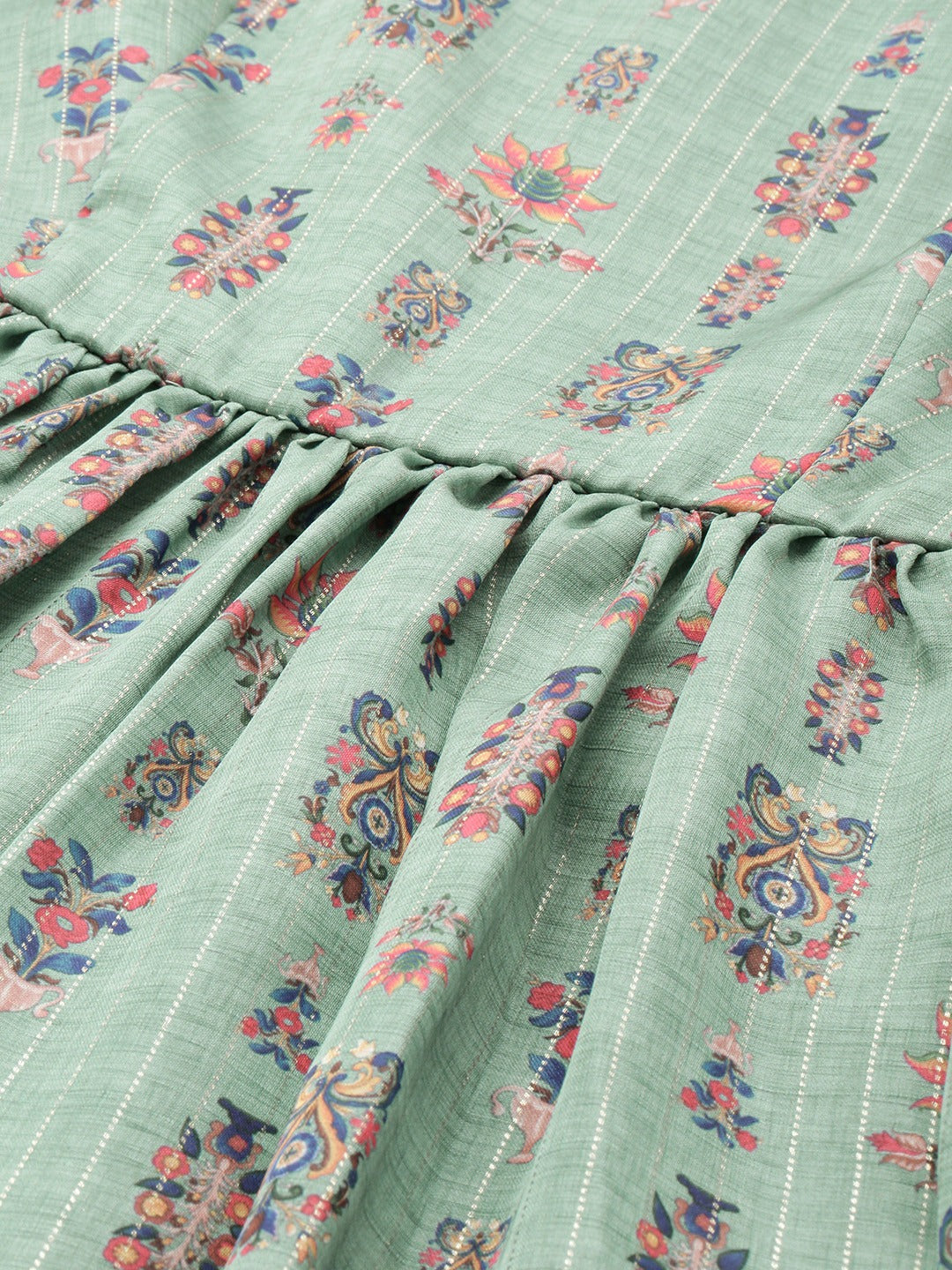 Bollywood Vogue Ready To Wear Green Art Silk Digital Print High N Low Dress - Detail View