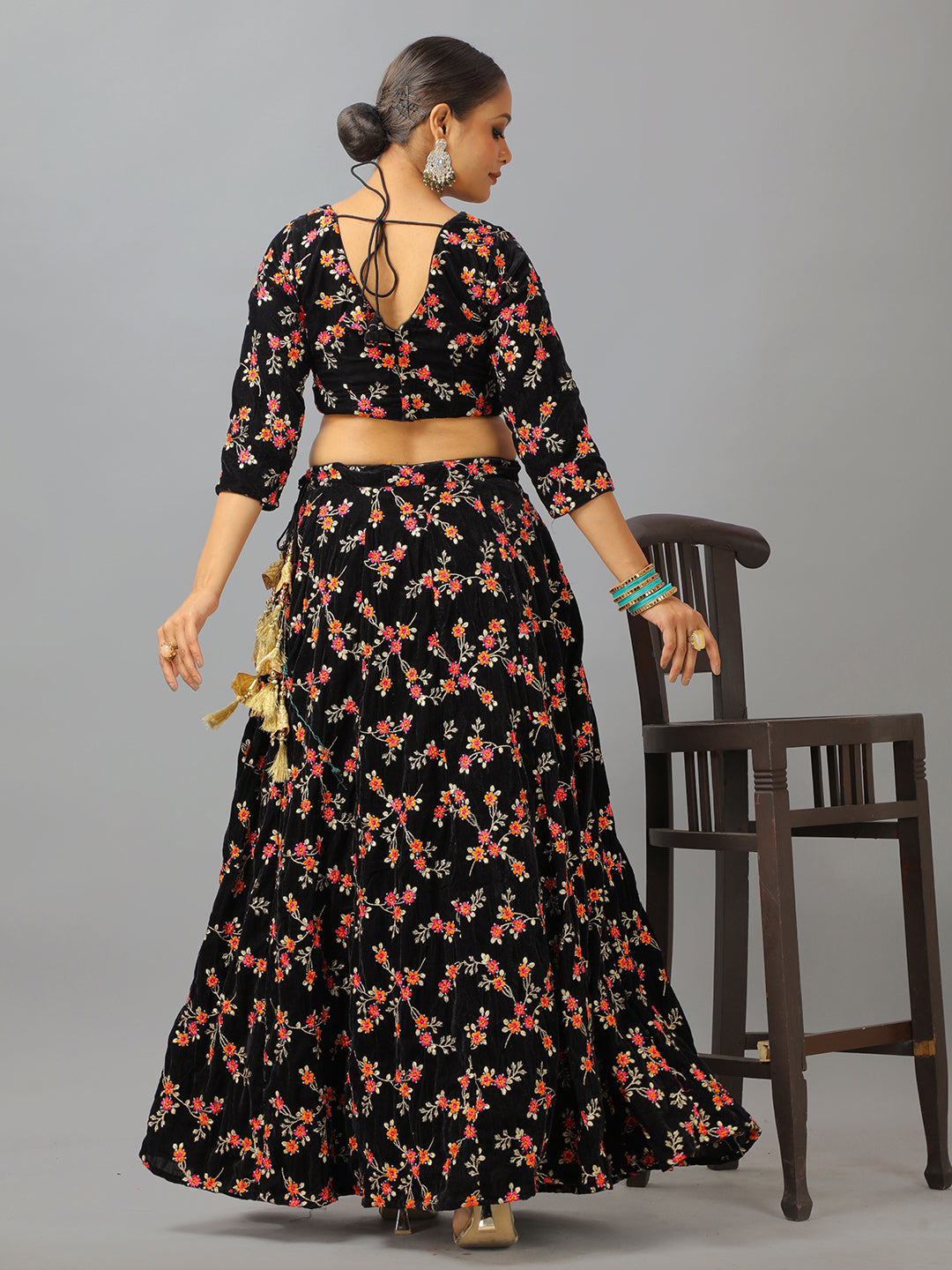 Bollywood Vogue Ready To Wear Black Velvet Embroidered Lehenga Set - Look Shot