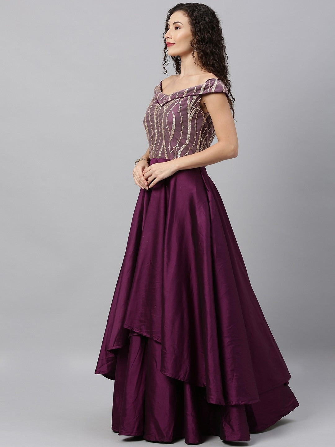 Bollywood Vogue Ready To Wear Dark Purple N Pink Embroidered Off Shoulder Gown - Side View