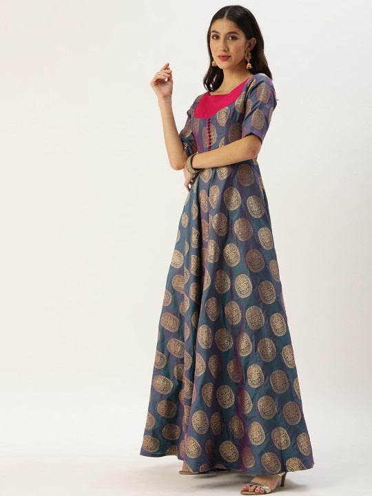 Bollywood Vogue Ready To Wear Blue Taffeta Jacquard Half Circular Dress - Side View