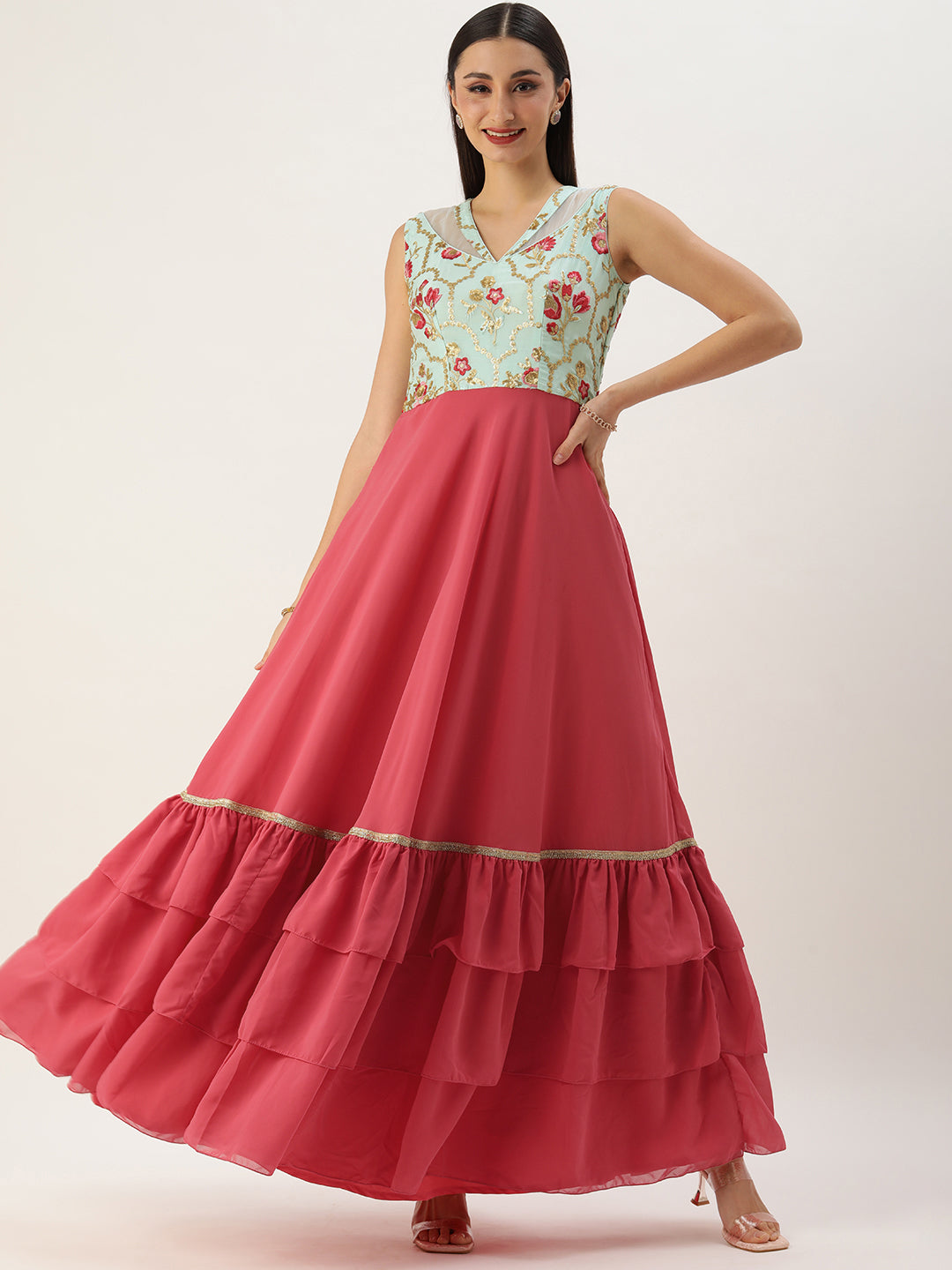 Bollywood Vogue Ready To Wear Blue Chinon N Pink Georgette Gown - Front View