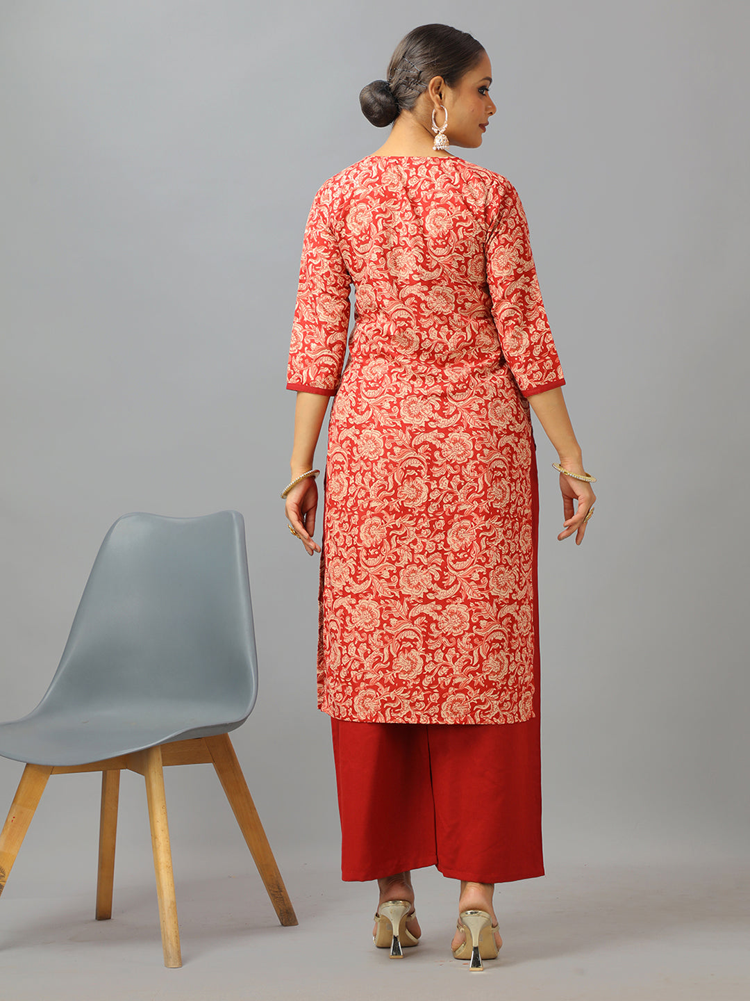 Bollywood Vogue Ready To Wear Maroon Semi Cotton Printed Wide Leg Pant Suit - Look Shot