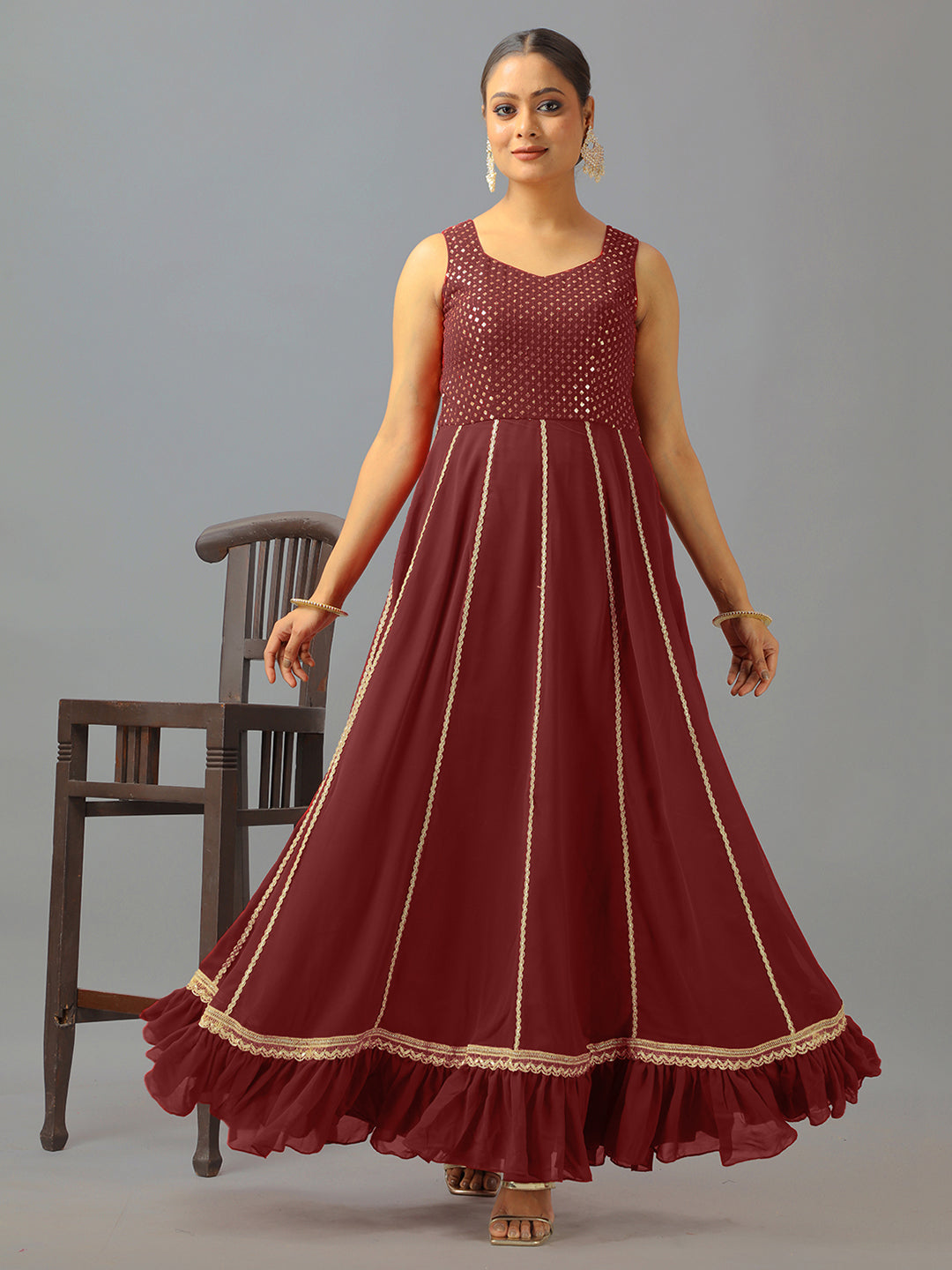 Bollywood Vogue Ready To Wear Maroon Embroidered Georgette Kali Gown - Front View