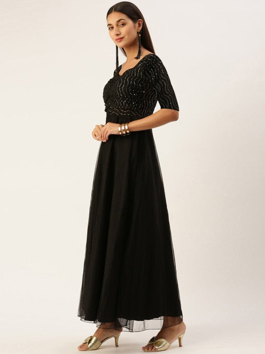 Bollywood Vogue Ready To Wear Black Georgette Embroidered N Net Dress - Side View