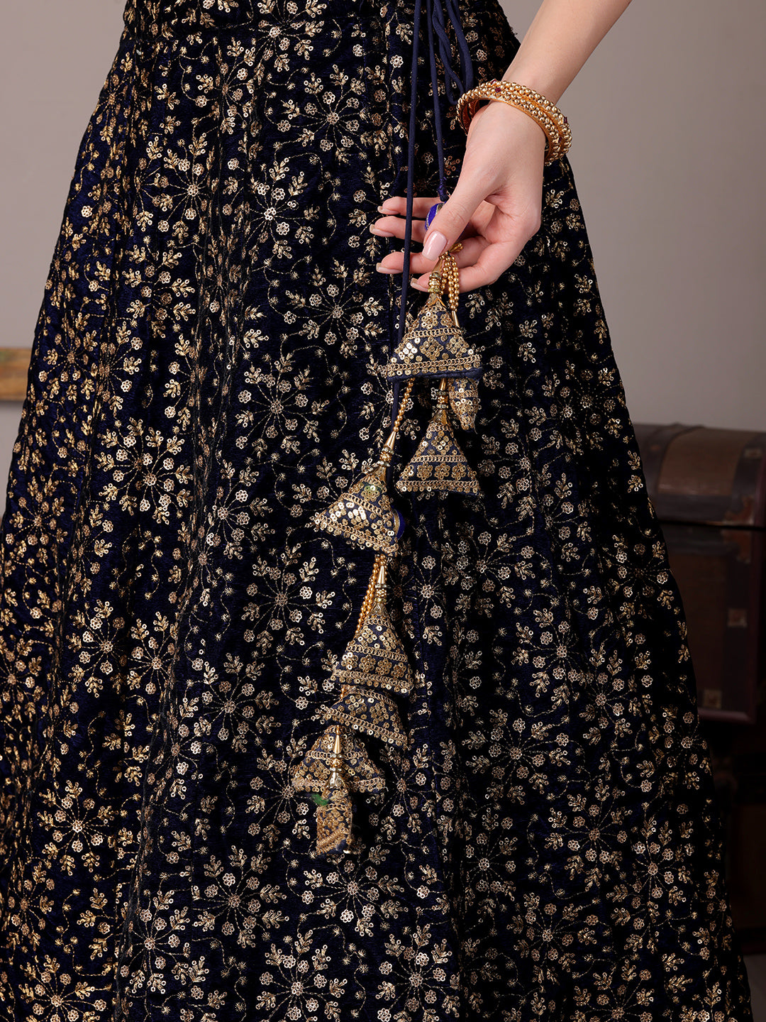 Bollywood Vogue Ready To Wear Blue Embroidered Velvet Lehenga - Additional View 2