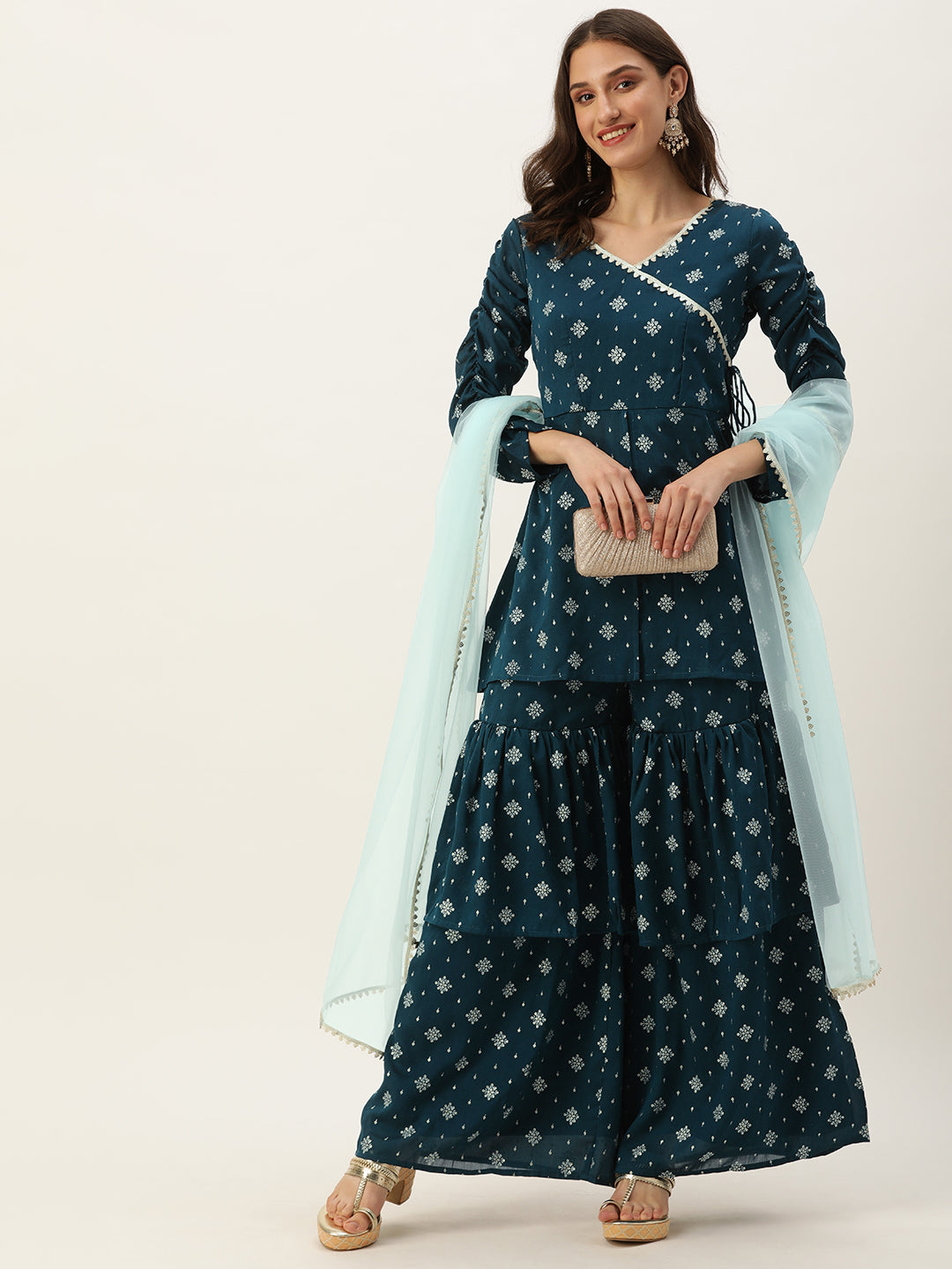 Bollywood Vogue Ready To Wear Blue Art Silk Layered Gharara Suit - Front View