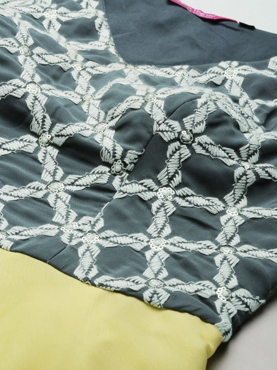 Bollywood Vogue Ready To Wear Grey N Yellow Embroidered Floor Length Gown - Detail View