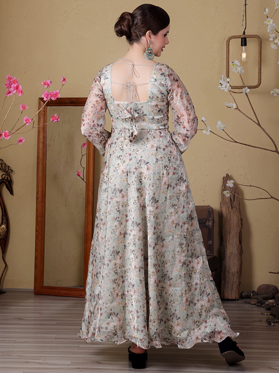 Bollywood Vogue Ready To Wear Sea Green Organza Satin Printed Anarkali Suit - Detail View