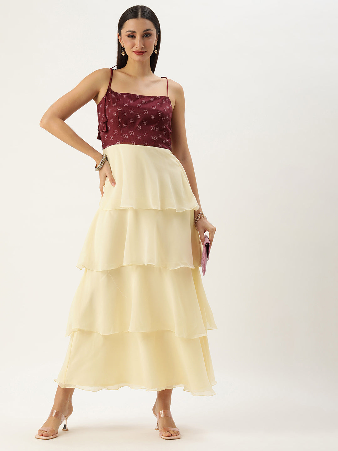 Bollywood Vogue Ready To Wear Maroon Art Silk Printed N Off White Layered Dress - Detail View