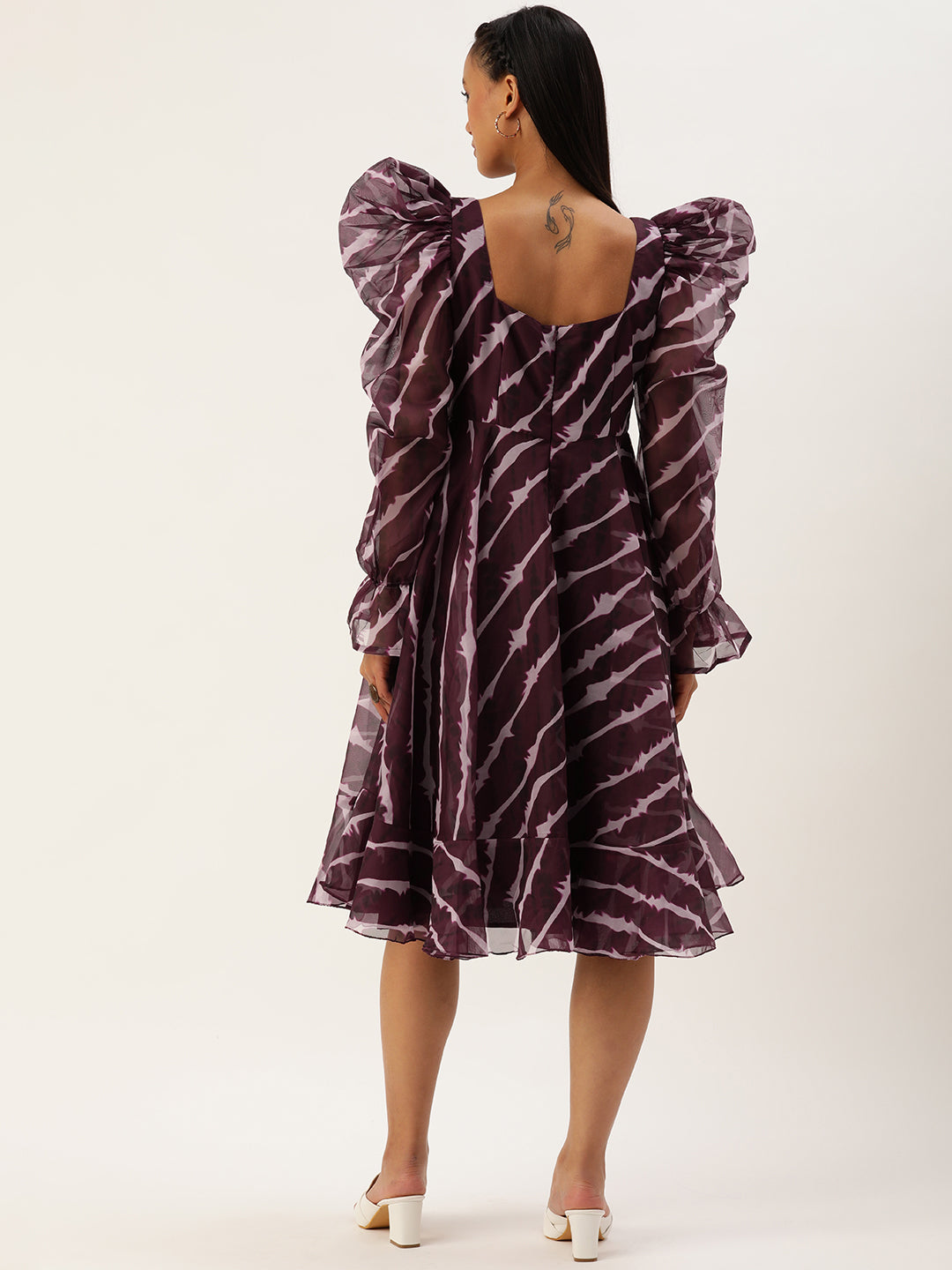 Bollywood Vogue Ready To Wear Wine Digital Printed Organza Dress - Back View