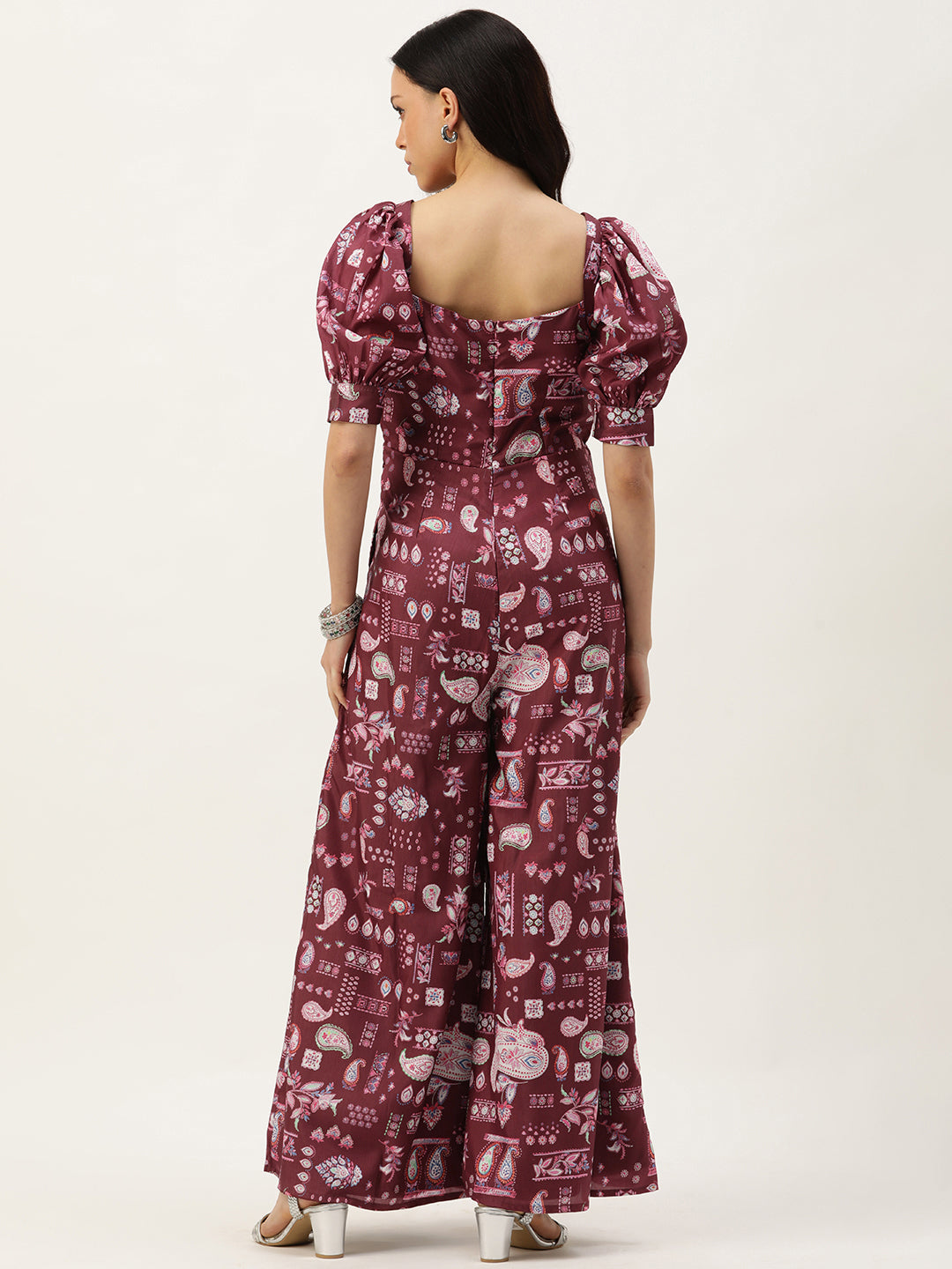 Bollywood Vogue Ready To Wear Maroon Digital Printed Kota Silk Jumpsuits - Back View