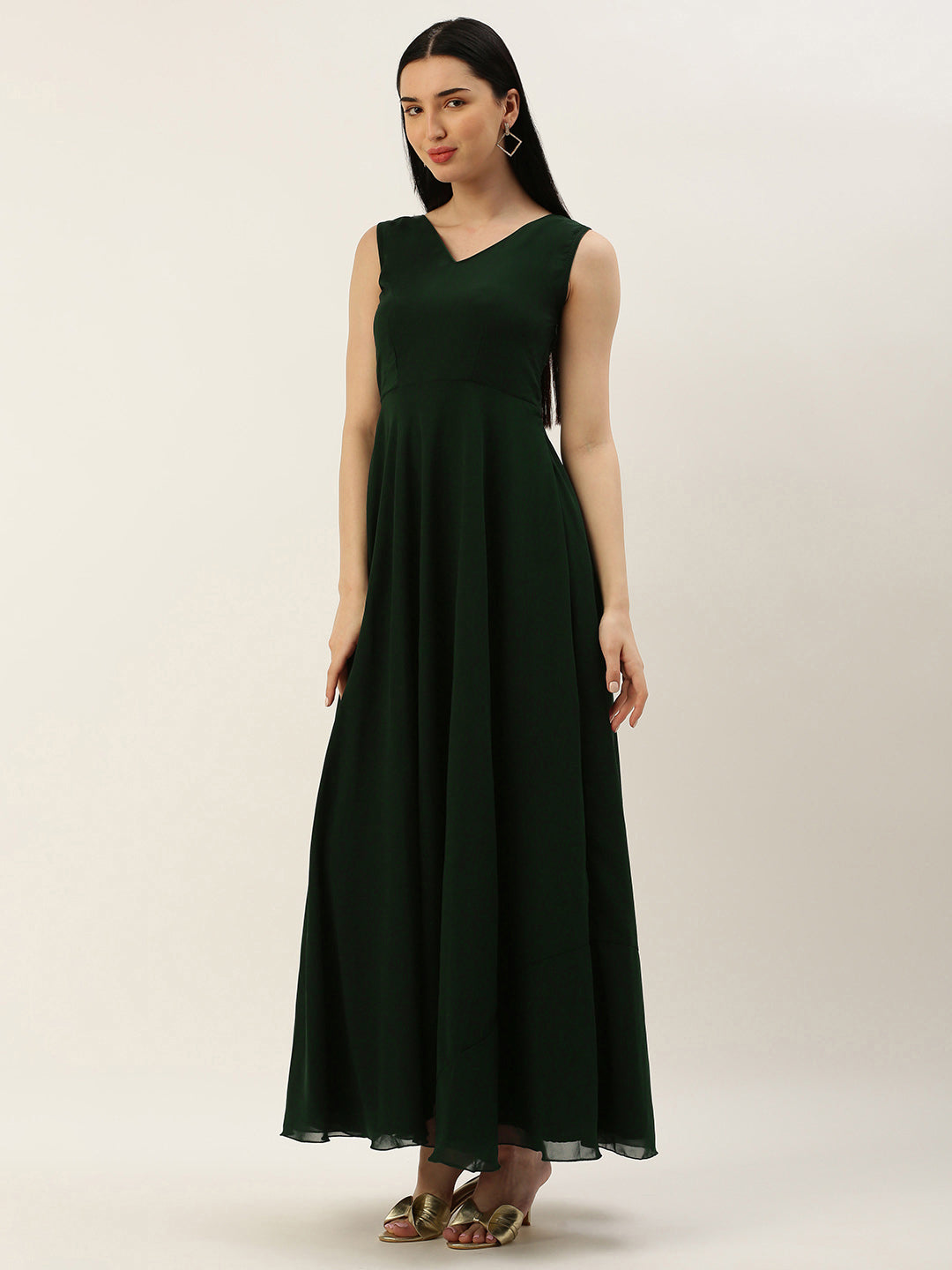 Bollywood Vogue Ready To Wear Green Cotton Embroidered Jacket Style Gown - Look Shot