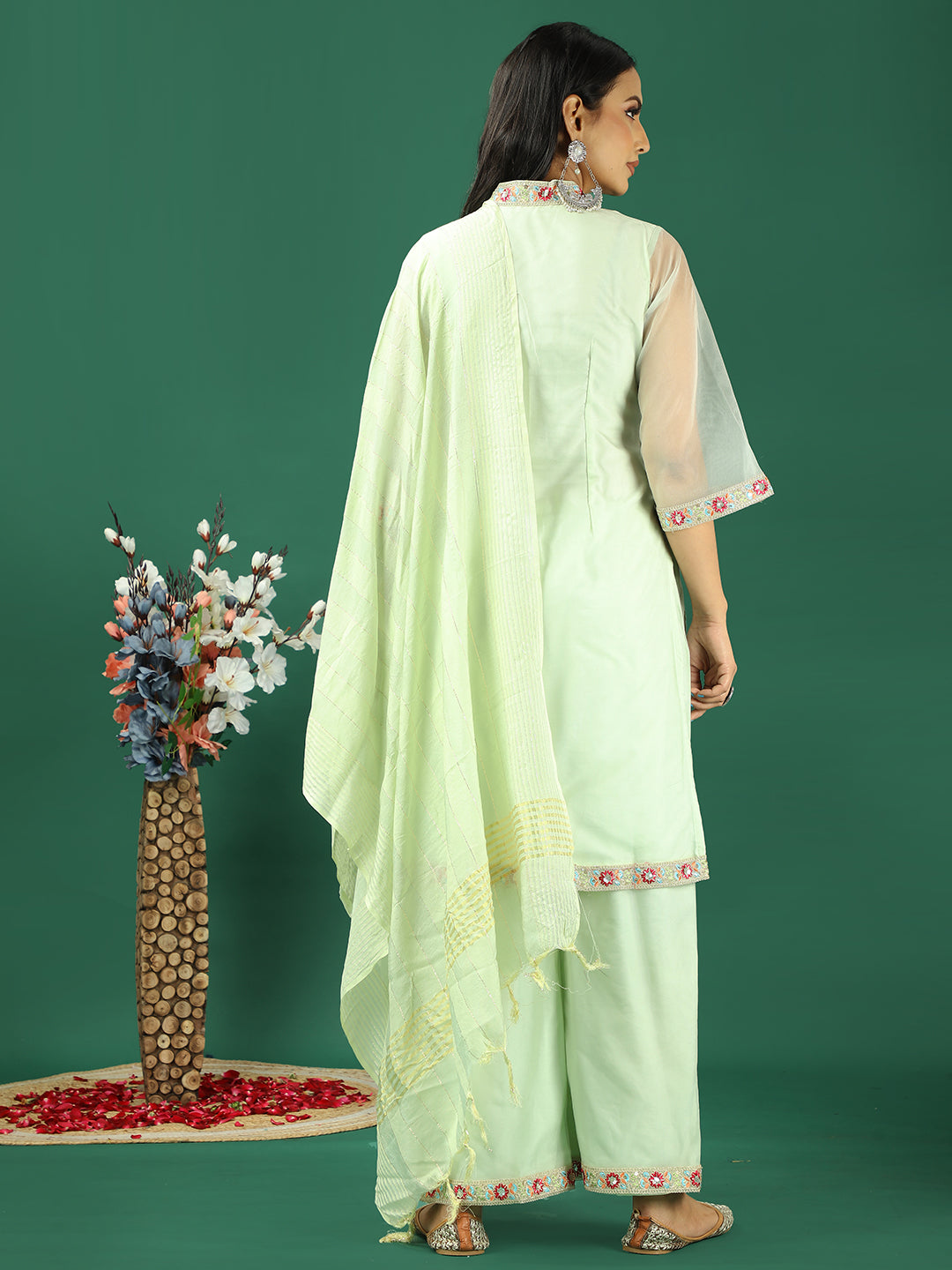 Bollywood Vogue Ready To Wear Mint Green Organza Wide Leg Pant Suit - Back View